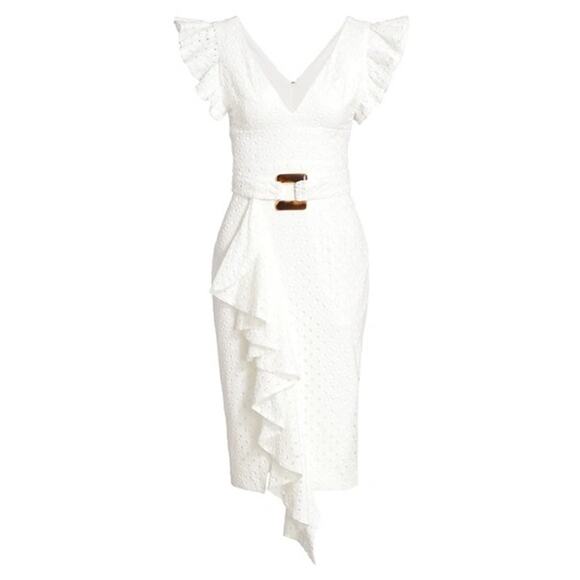 PATBO romantic ruffle sleeve Belted Eyelet Midi Dress In White sz 4 - Picture 2 of 14